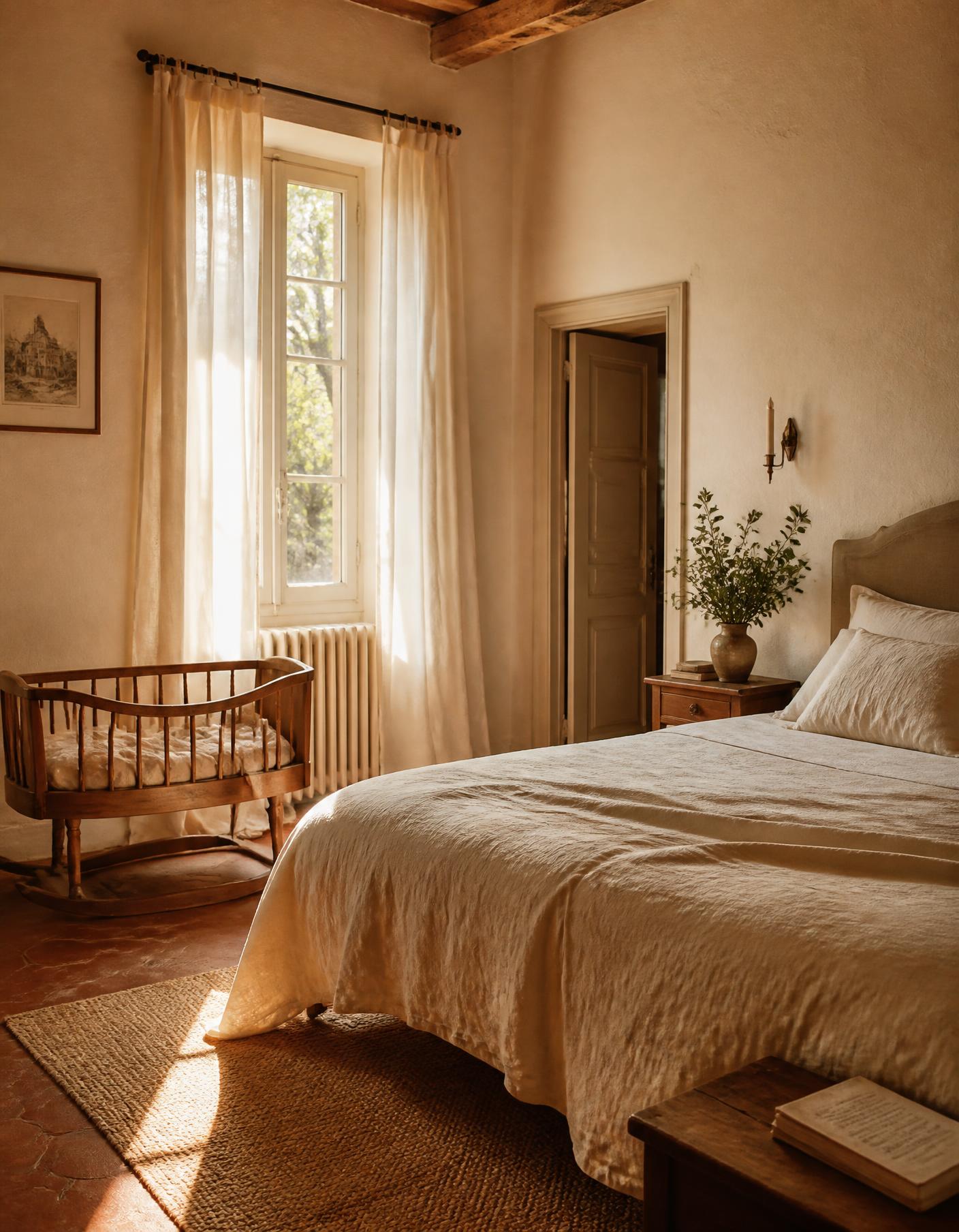 Chambre baignée de lumière du matin, lit de lin et berceau en bois
