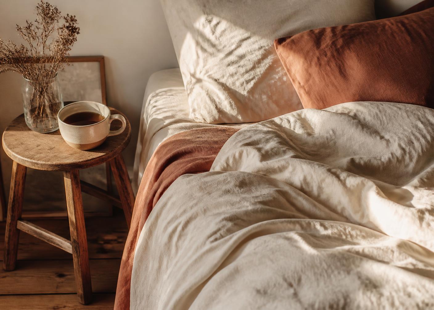 Draps de lin froissés et tasse posée près du lit dans la lumière du matin